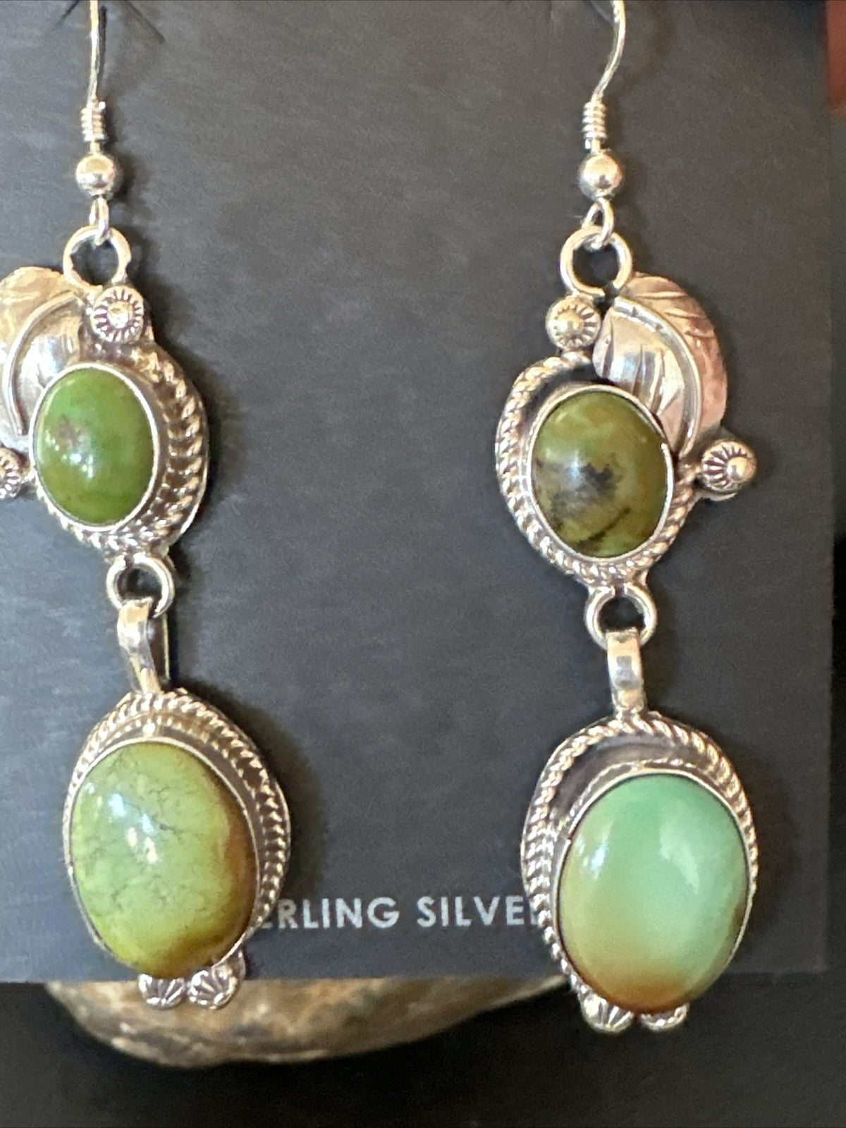 Native Navajo Green Turquoise Sterling Silver Dangle Earrings 2” 17700