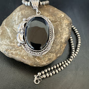 Men's Women's Black Onyx Pendant Navajo Beads Necklace | Sterling Silver | Authentic Native American Handmade | 18305