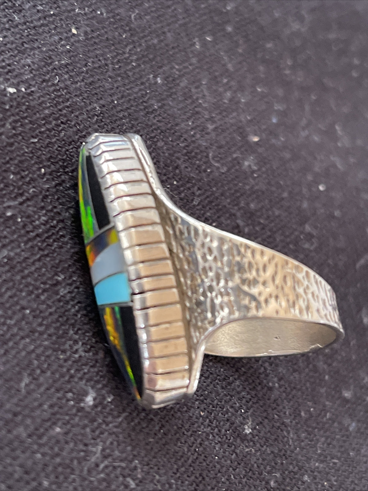 Navajo Multi-Color Opal & Turquoise Inlay Sterling Silver Ring Size 7 01584