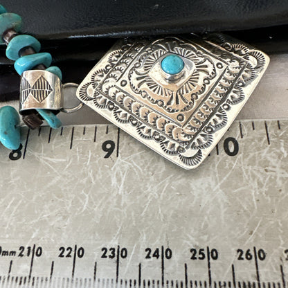 Navajo Blue Turquoise Stamped Pendant Shell Sterling Silver 25” Necklace 19707