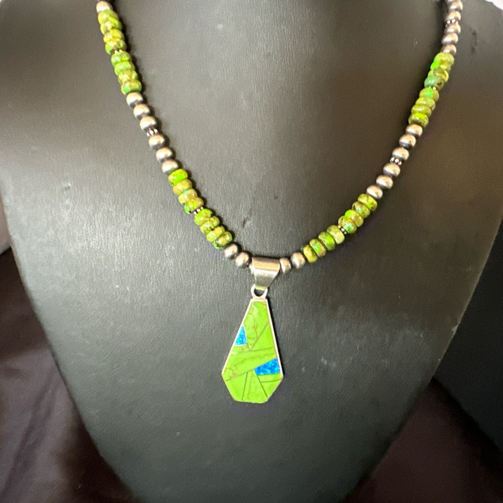 Green Gaspeite & Turquoise Pendant Navajo Pearls Sterling Silver Necklace 18179