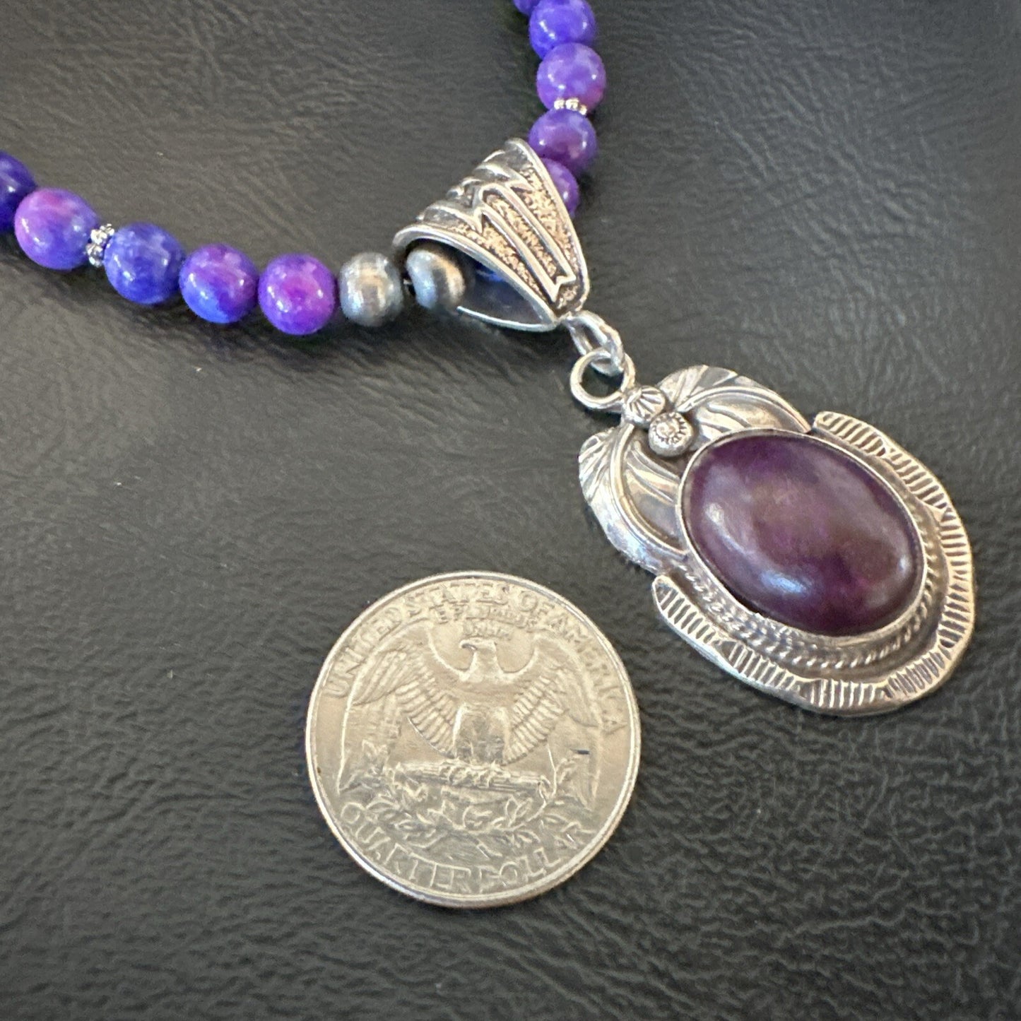 Purple Stone Pendant Navajo Pearls Sterling Silver Necklace 18386