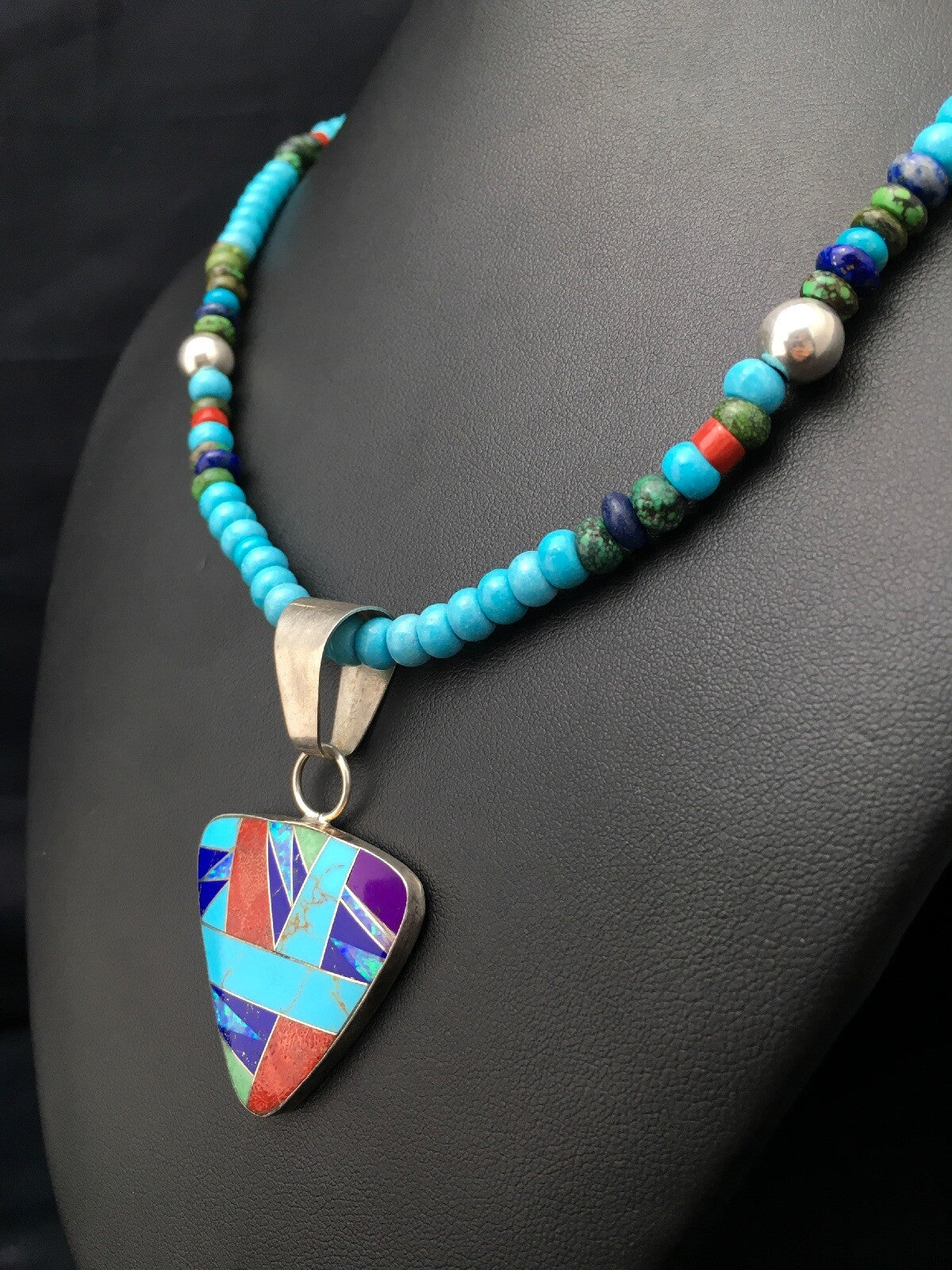 Blue Turquoise Pendant Navajo Sterling Silver Necklace 21" 4277