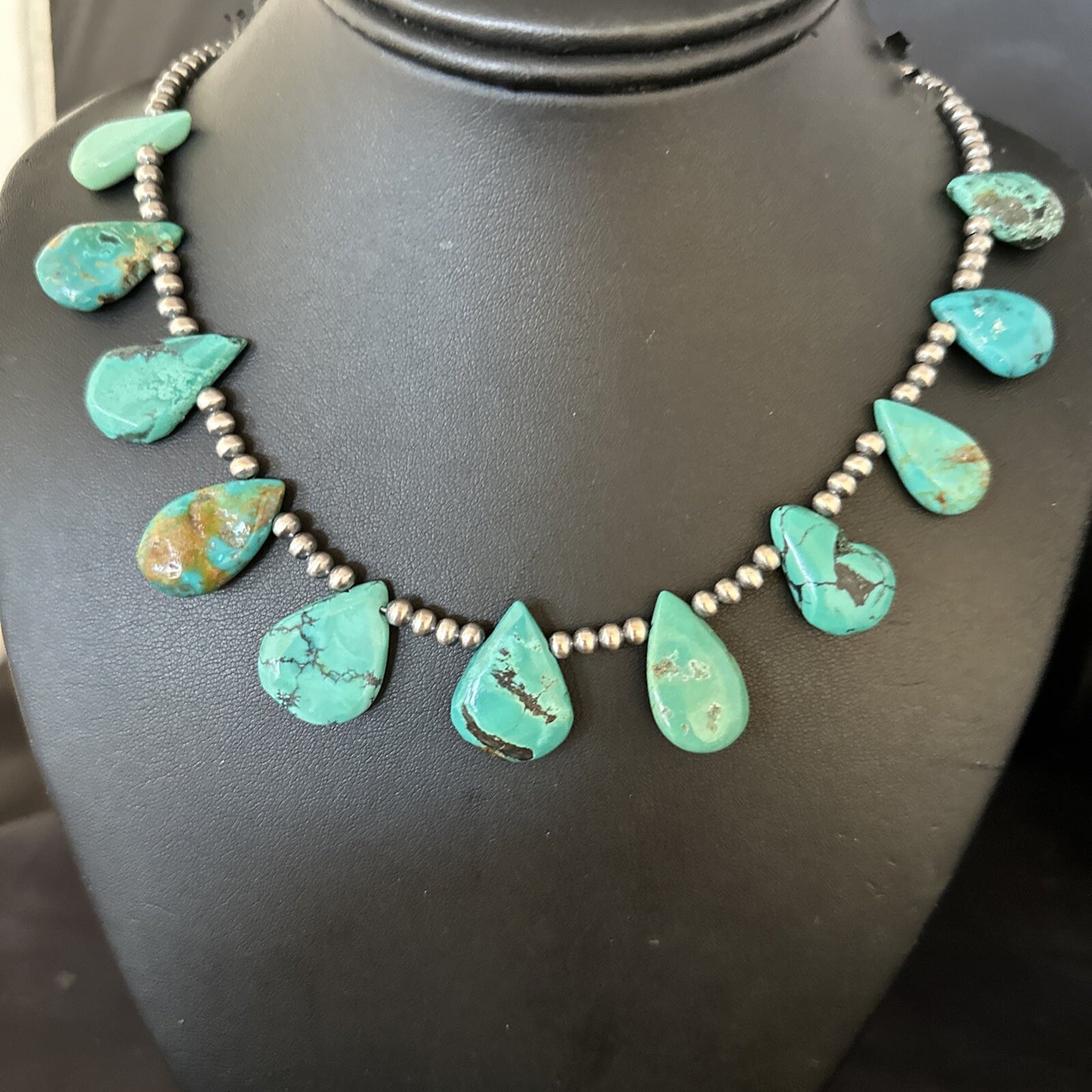 Blue Turquoise Teardrop Navajo Pearls Sterling Silver Necklace 14391
