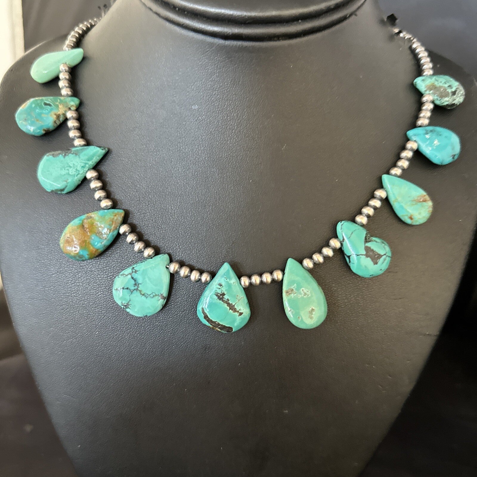 Blue Turquoise Teardrop Navajo Pearls Sterling Silver Necklace 14391
