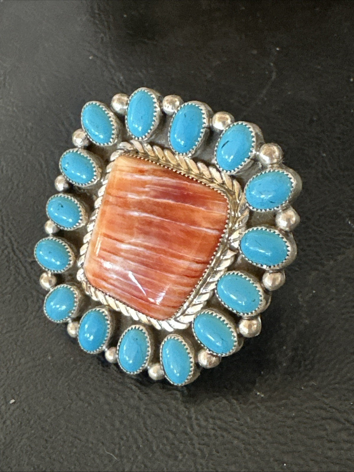 Orange Spiny Oyster Turquoise Navajo Sterling Silver Cluster Ring Sz 9 19761