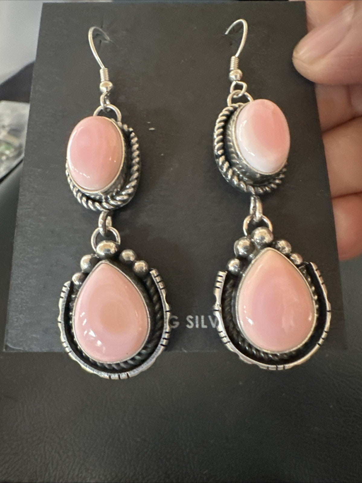Yazzie Pink Queen Conch Navajo Sterling Silver Dangle Earrings 19320