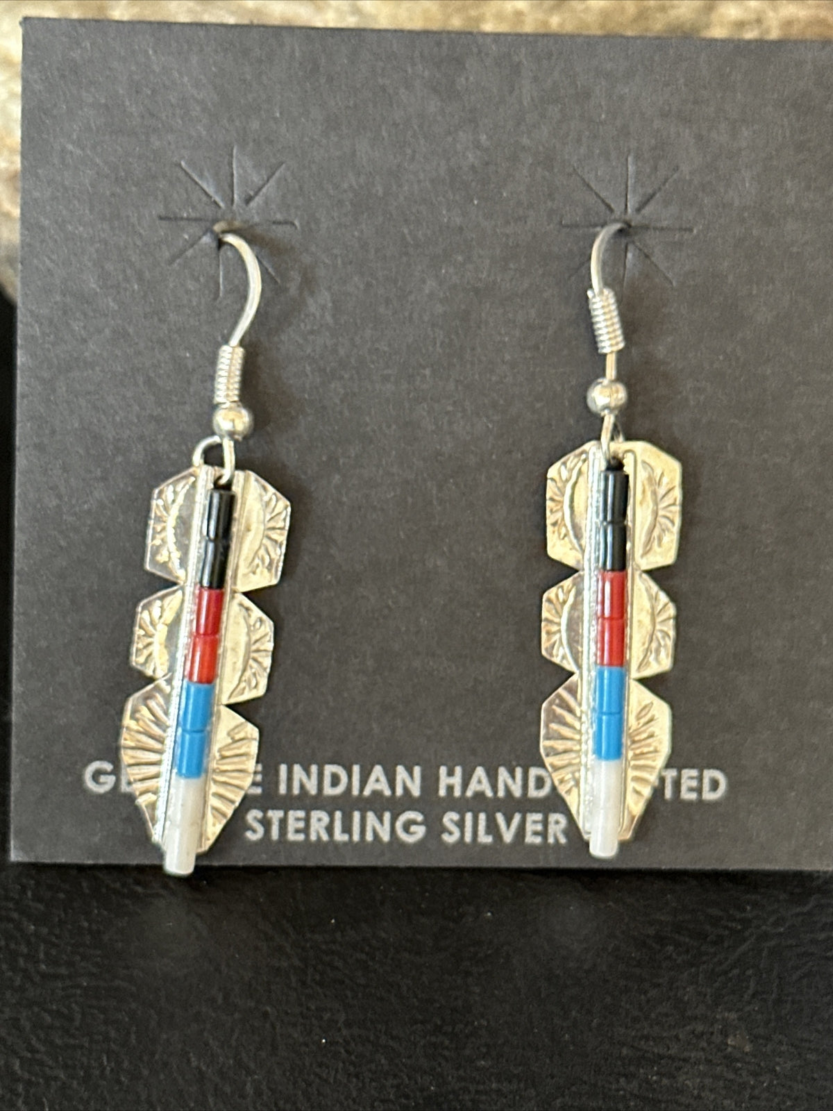 Lapis, Opal, Coral Navajo Sterling Silver Inlay Earrings 1.5” 14770