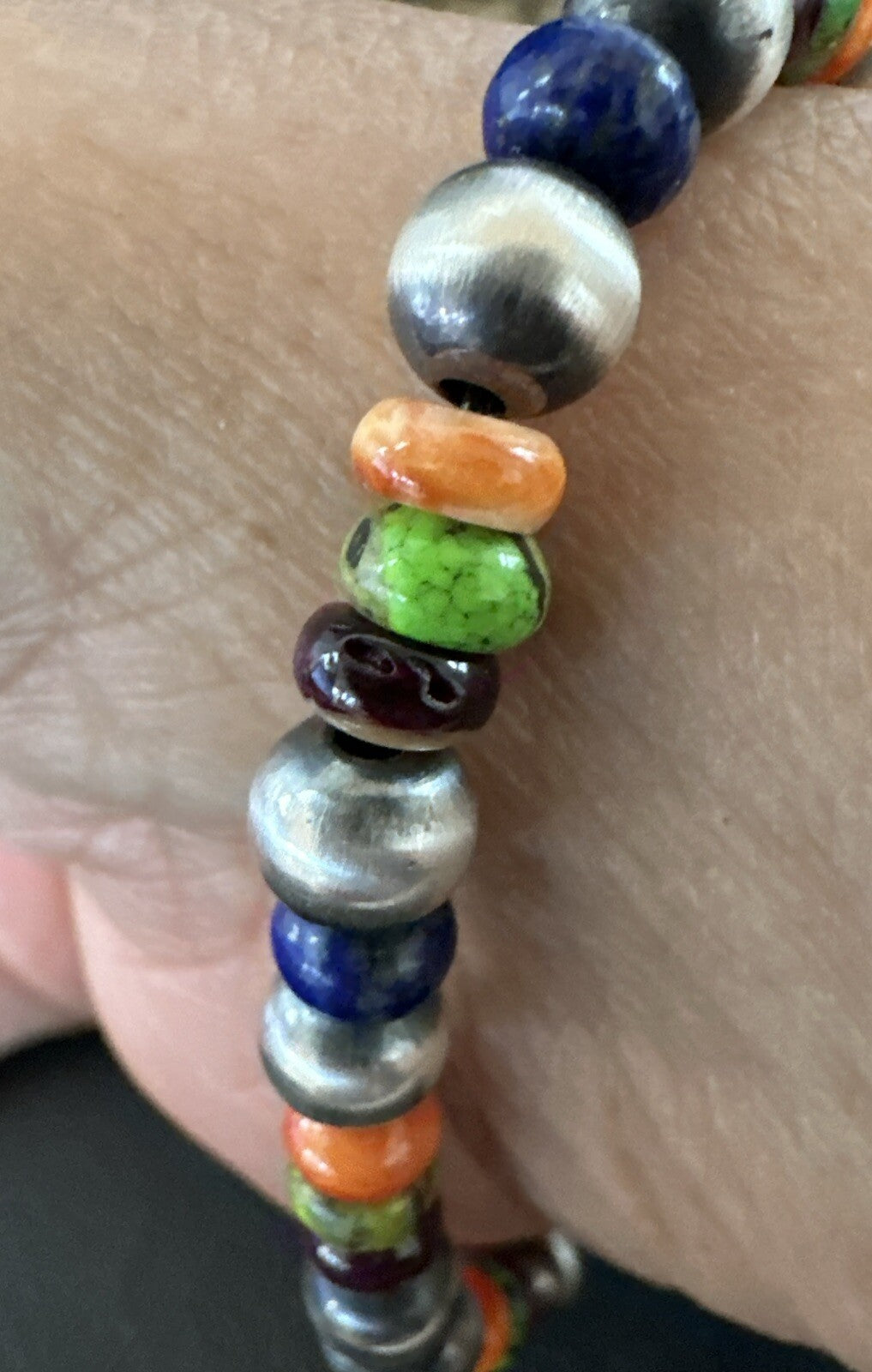 Multicolor Lapis Turquoise Stretch Bead Bracelet Navajo Sterling Silver 17907