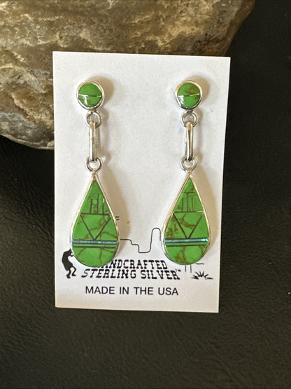 Green Gaspeite Southwestern Sterling Silver Inlay Earrings 1.5" 19154