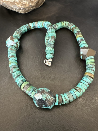Native Turquoise Nugget Heishi Bead Navajo Sterling Silver Necklace 17745
