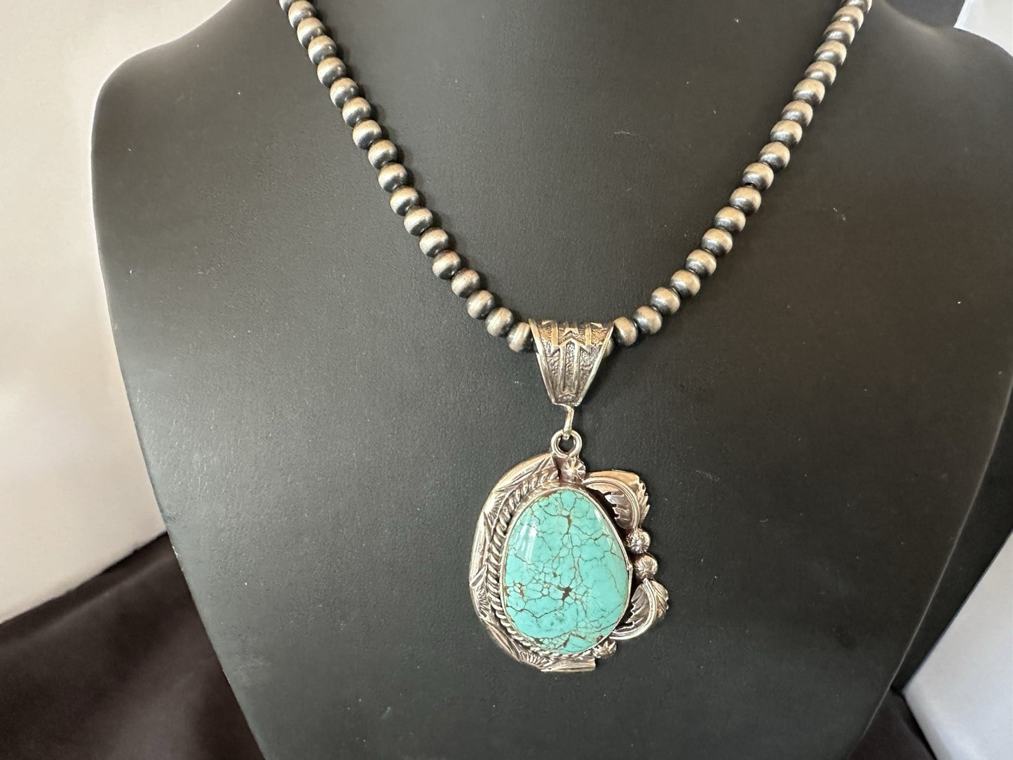Blue Turquoise #8 Pendant Navajo Pearls Sterling Silver Necklace 19388