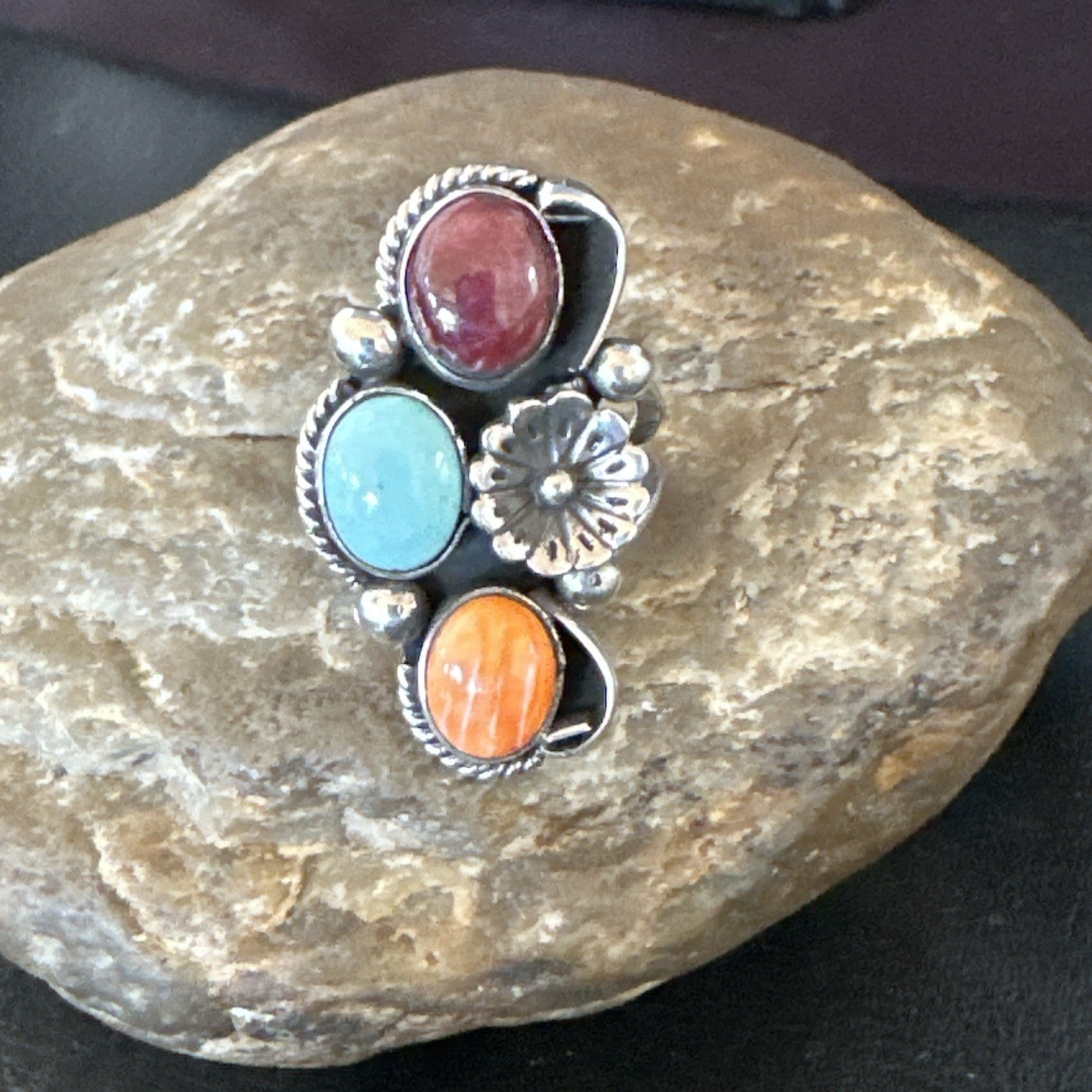 Multicolor Ring Turquoise Spiny Navajo Sterling Silver Cluster Size 8 19165