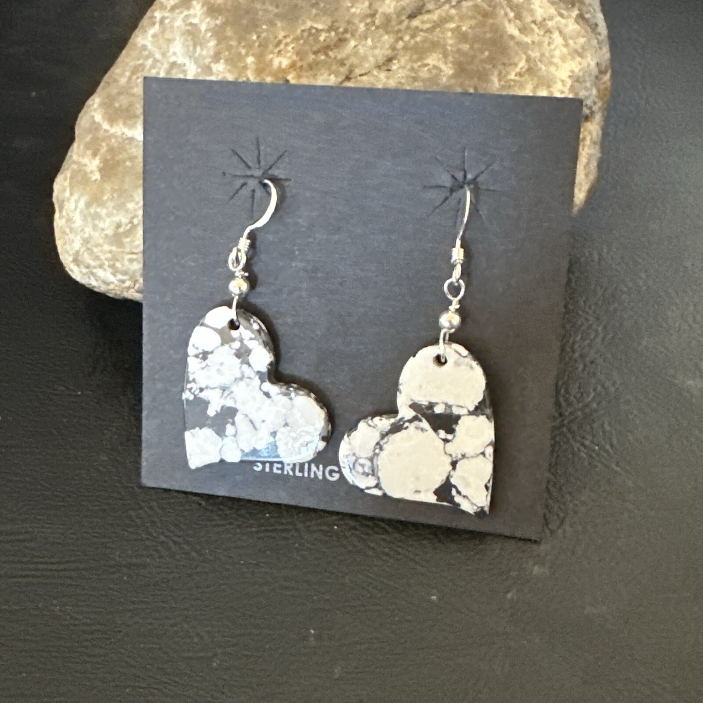 Heart Navajo Slab White Buffalo Turquoise Sterling Silver Earrings 17879