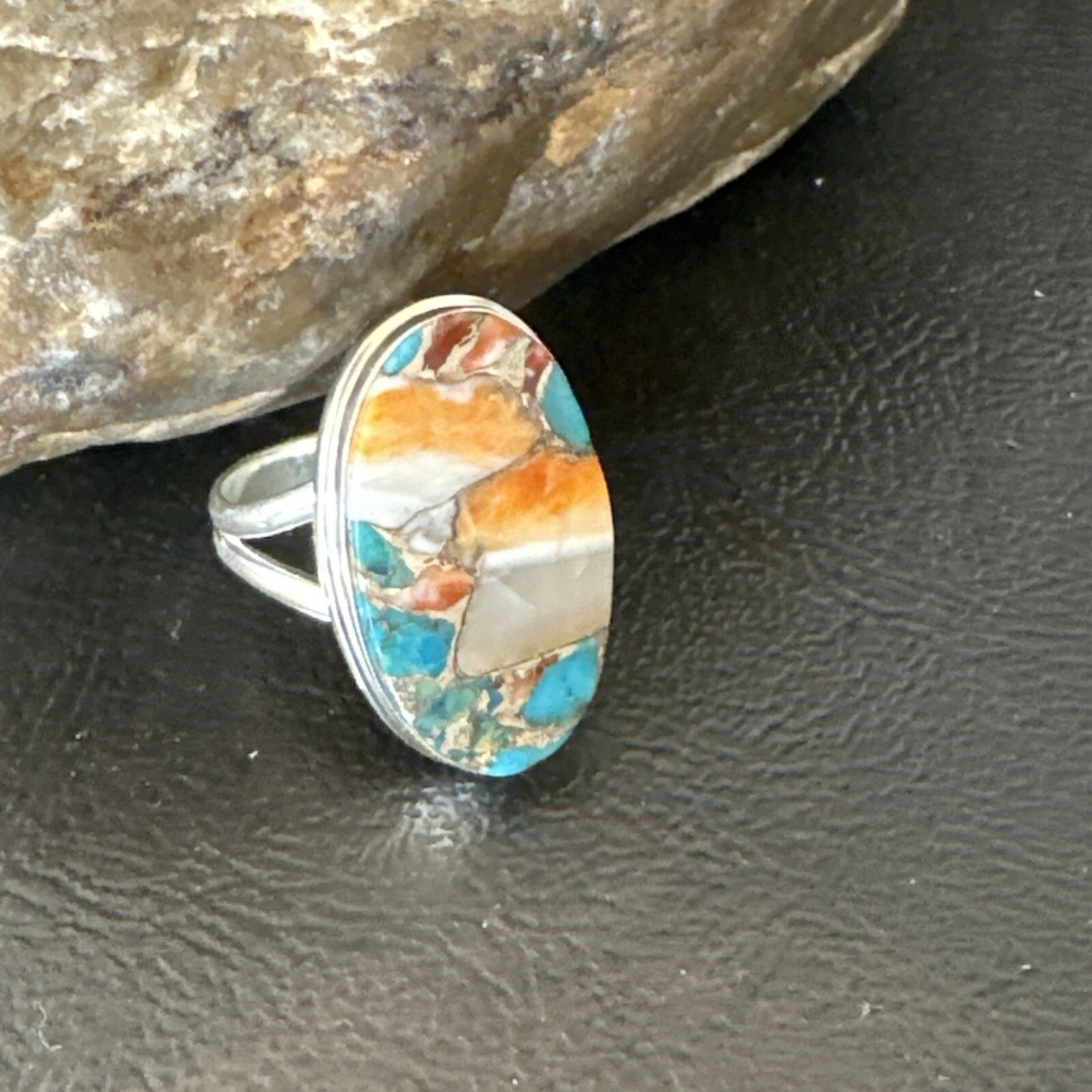 Blue Turquoise Spiny Oyster Southwestern Sterling Silver Ring Size 8 18547
