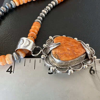 Orange Spiny Oyster Heart Pendant Navajo Sterling Silver Necklace Halloween16293