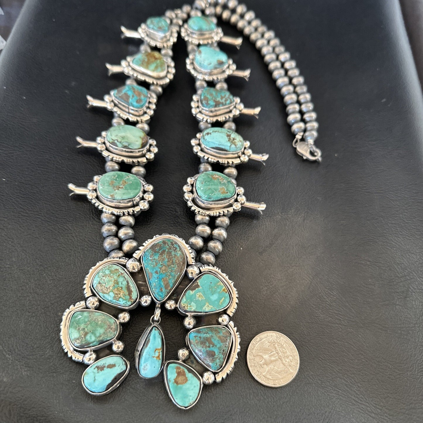 Green Royston Turquoise Navajo Squash Sterling Silver Naja Necklace 18236