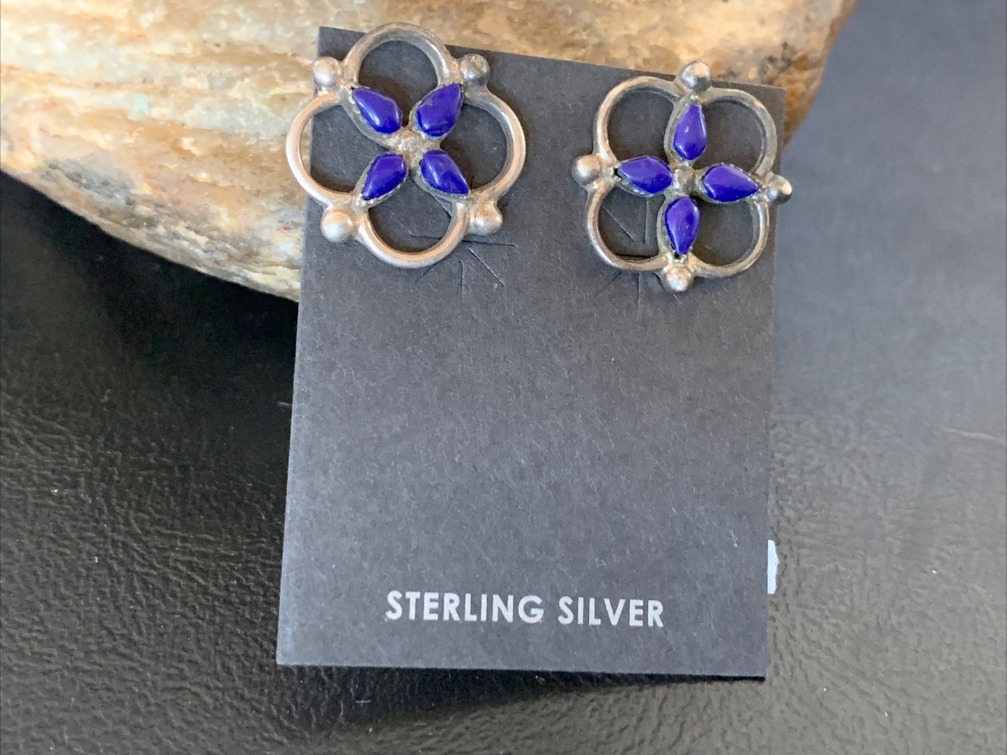 Blue Lapis Sterling Silver Multi-Stone Post Stud Inlay Earrings 0.5" 12707