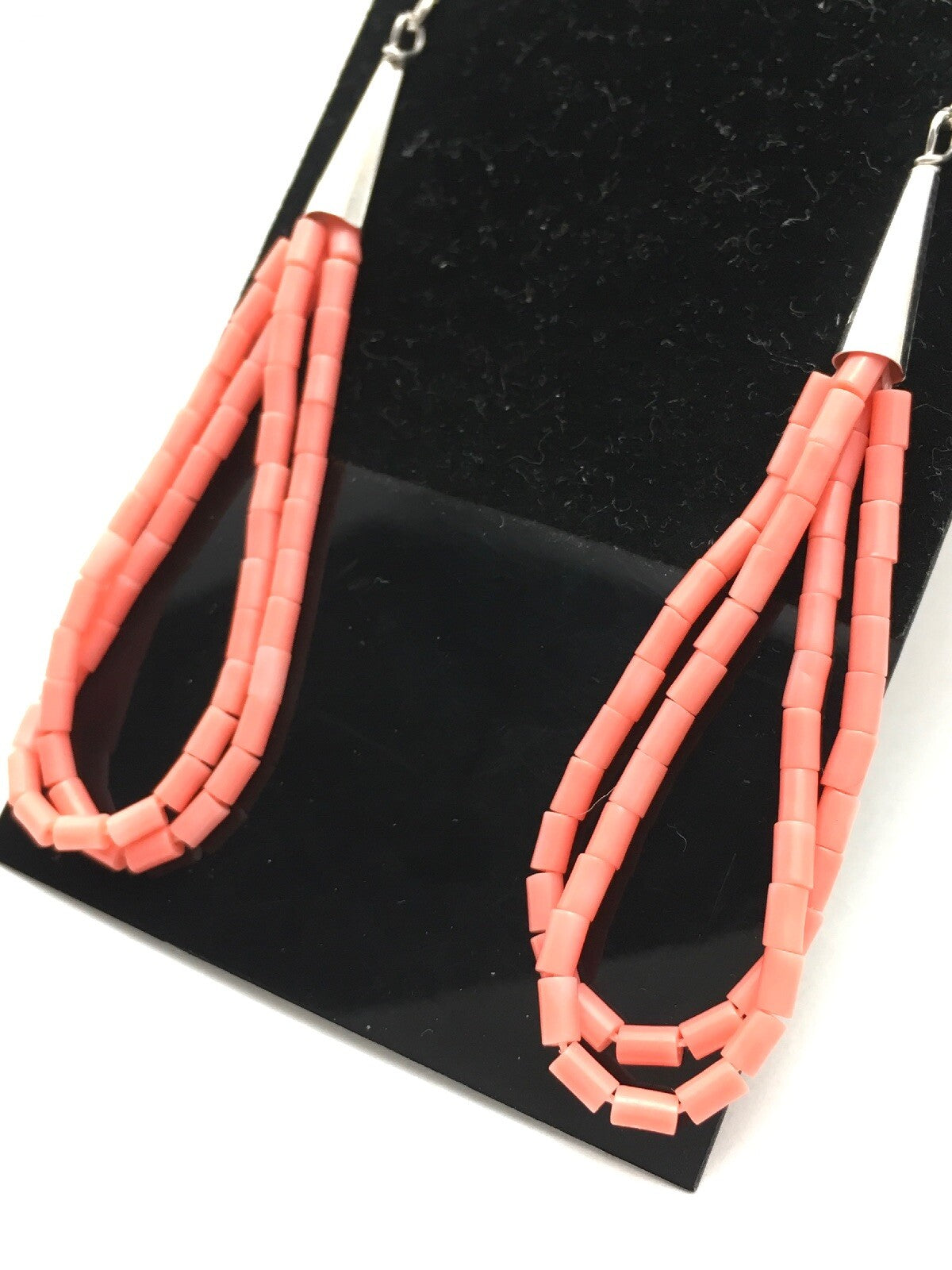 Pink Coral Heishi Liquid Sterling Silver Dangle 2 Strand Earrings 04398