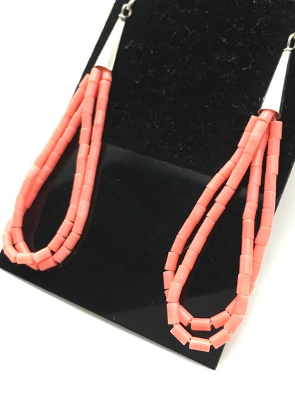 Pink Coral Heishi Liquid Sterling Silver Dangle 2 Strand Earrings 04398
