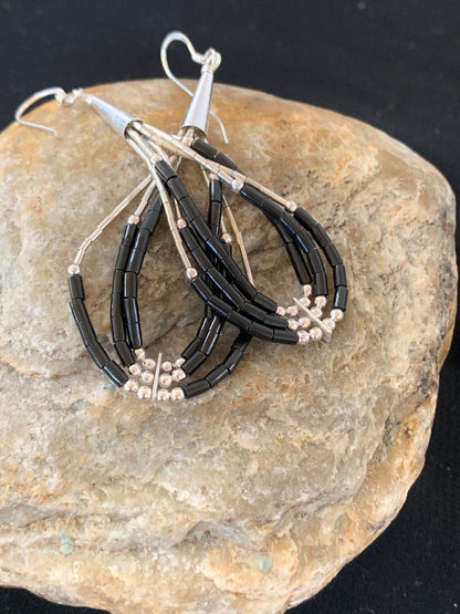 Handmade Native  Sterling Silver Heishi Black Onyx Dangle Earrings 2" 10054