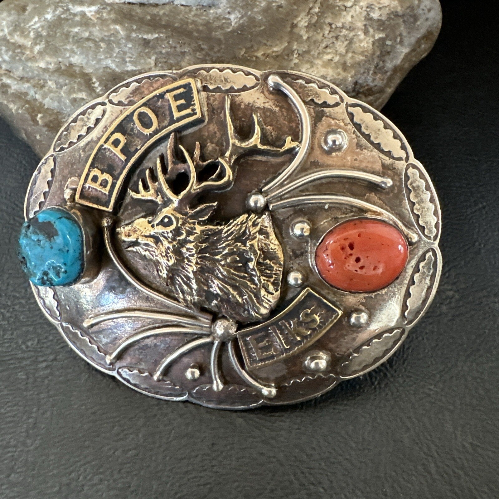 Elk Blue Turquoise Coral Navajo Sterling Silver Concho Belt Buckle 17972