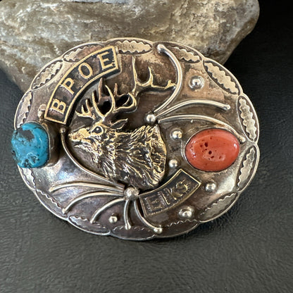Elk Blue Turquoise Coral Navajo Sterling Silver Concho Belt Buckle 17972
