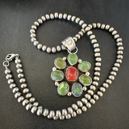 Navajo Sterling Cluster Red Turquoise Pendant Necklace 17713