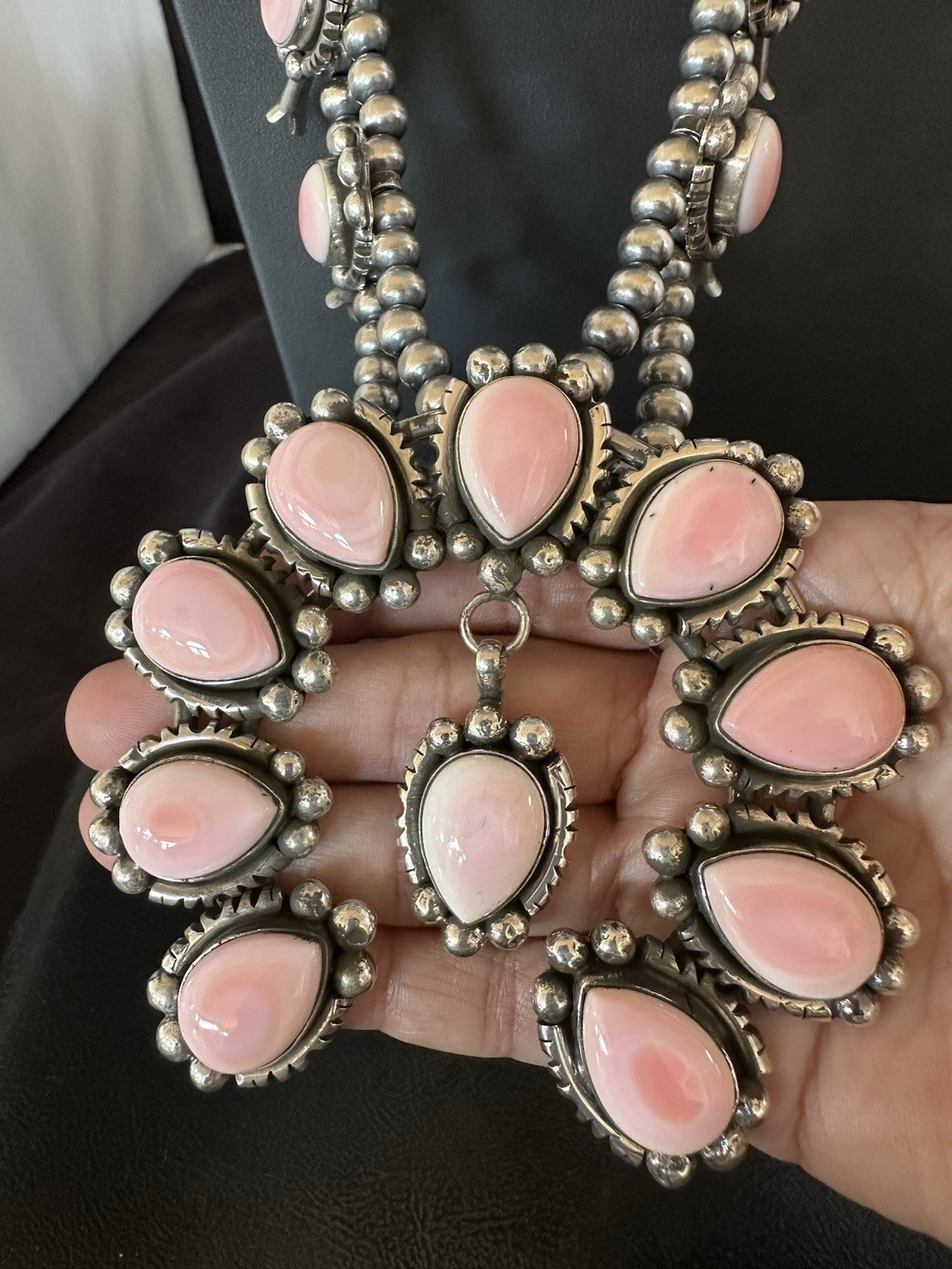 Pink Queen Conch Navajo Squash Sterling Silver Naja Necklace 19463