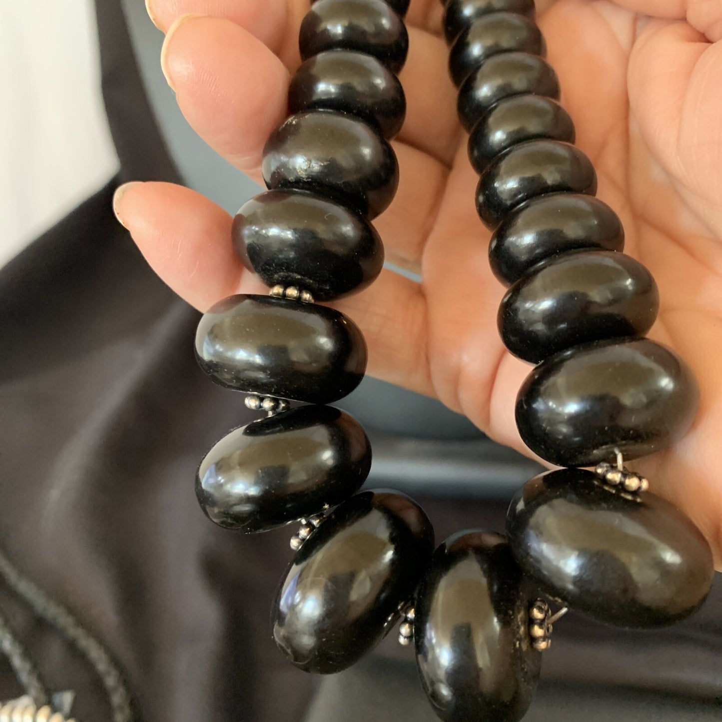 Black Jet Onyx Graduated Bead Navajo Pearls Sterling Silver Necklace 24" 12529