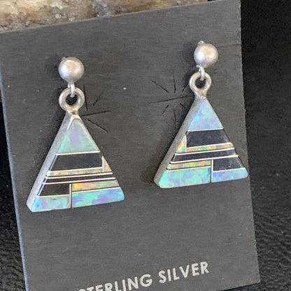 Womens Blue Opal & Black Onyx Inlay Navajo Sterling Silver Earrings 12781