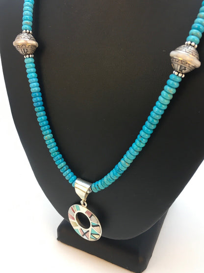 Blue Turquoise Mother Of Pearl Inlay Pendant Sterling Silver Necklace 08902