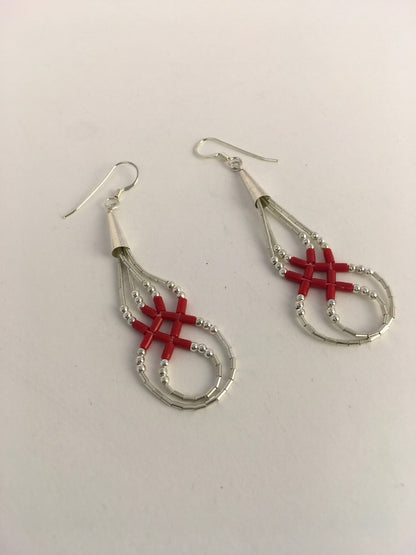 Native Red Coral Heishi Tube Liquid Sterling Silver Dangle Earrings 2" 08877