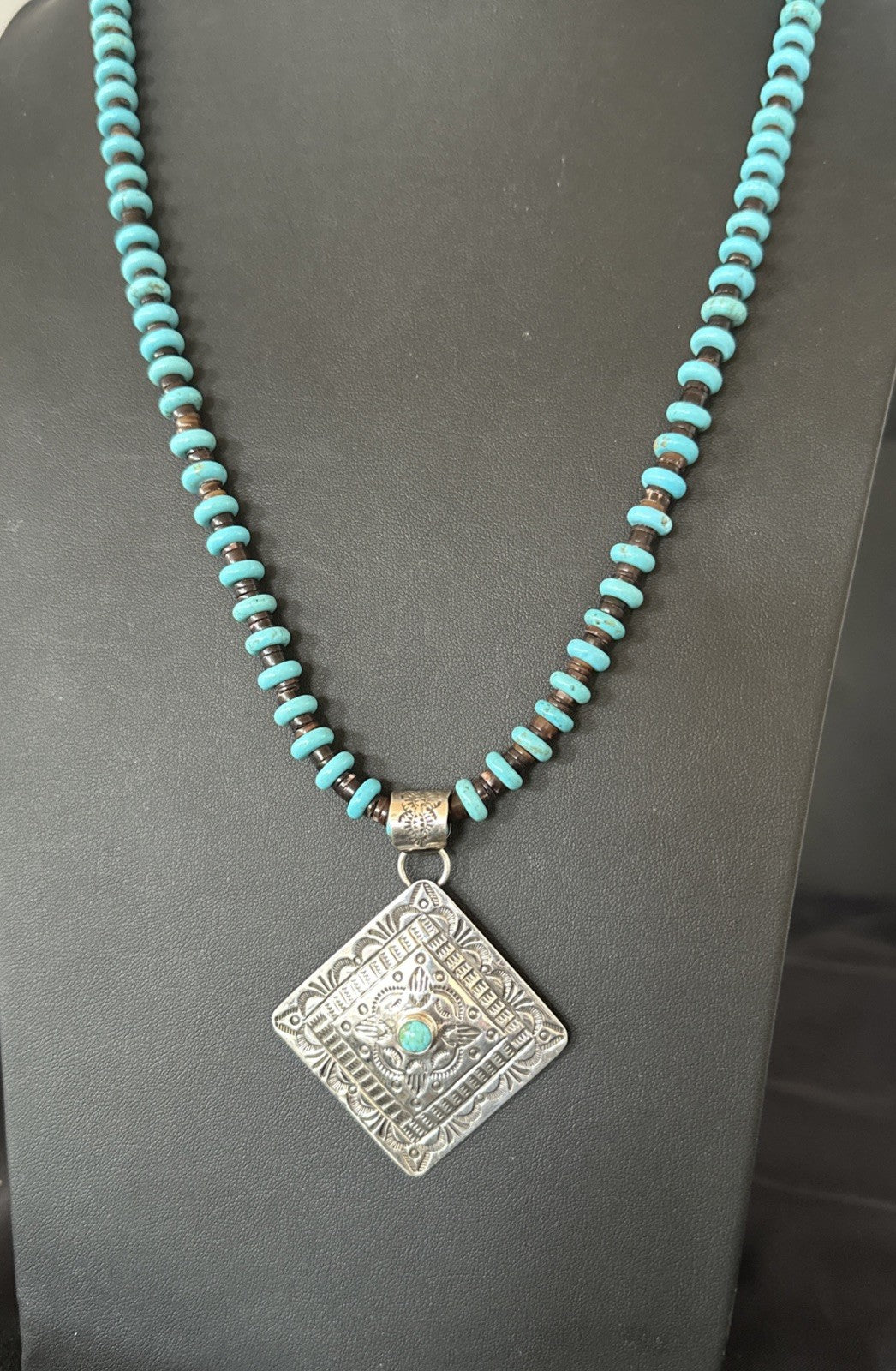 Navajo Blue Turquoise Stamped Pendant Shell Sterling Silver 25” Necklace 19708