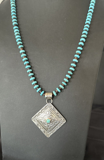 Navajo Blue Turquoise Stamped Pendant Shell Sterling Silver 25” Necklace 19708