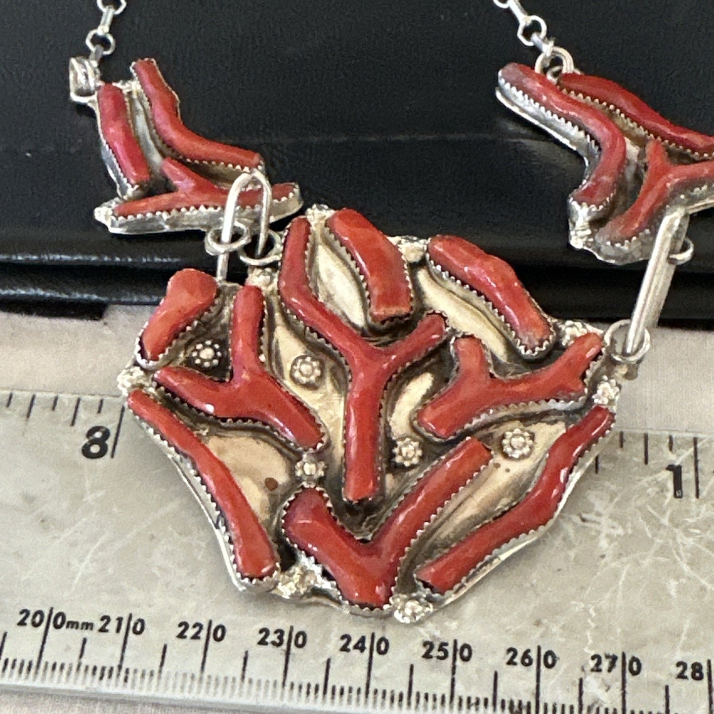 Branch Real Coral Zuni Inlay Sterling Silver Necklace Earrings 21" Set 19276
