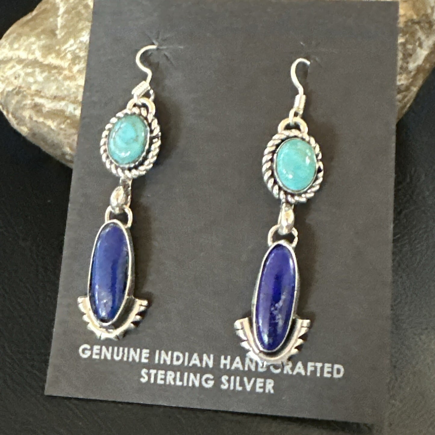 Navajo Turquoise Blue Lapis Sterling Silver Dangle Earrings 18186