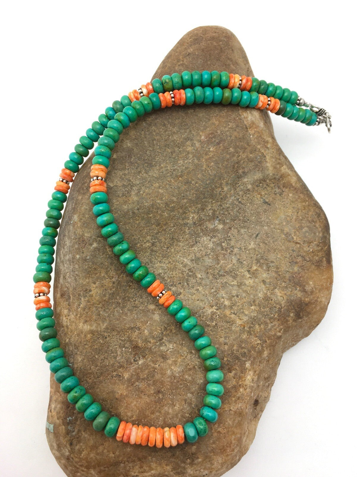 Green Turquoise & Spiny Oyster Navajo Sterling Silver Necklace 19" 04488
