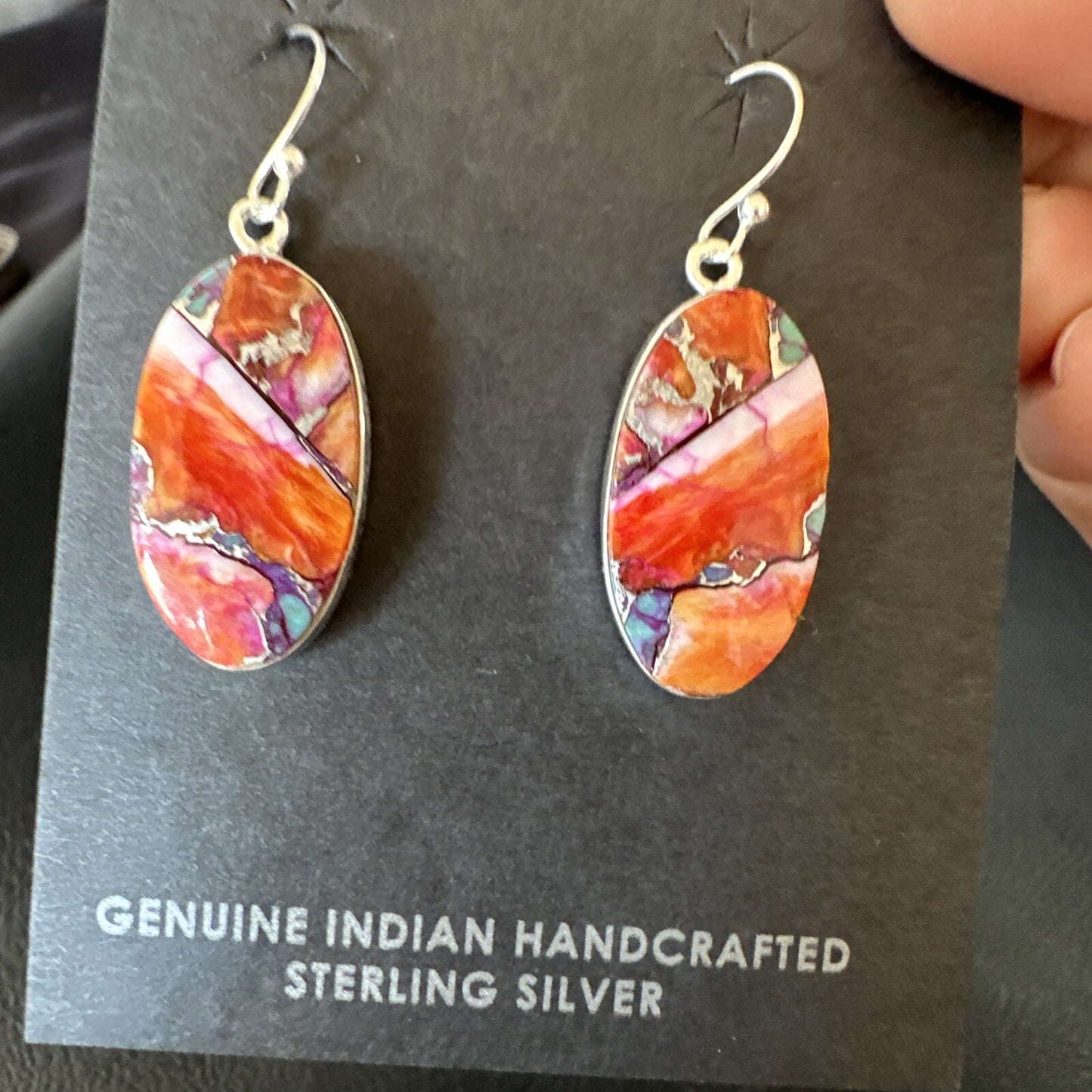 Blue Turquoise Red Spiny Oyster Inlay Sterling Silver Dangle Earrings 15558