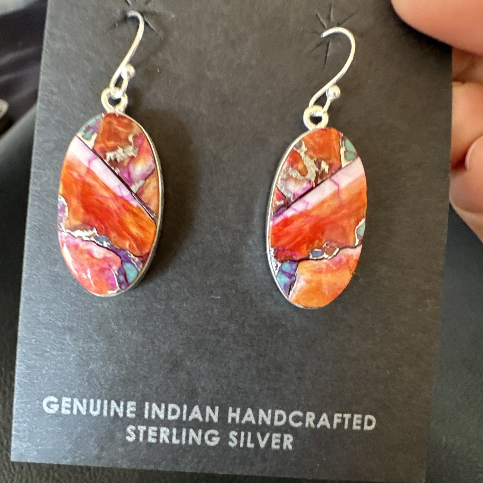 Blue Turquoise Red Spiny Oyster Inlay Sterling Silver Dangle Earrings 15558