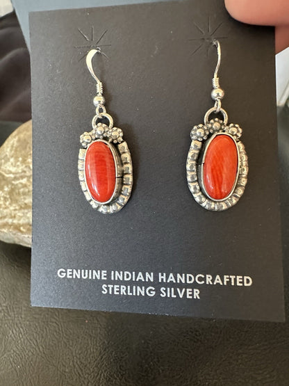 Handmade Red Coral Sterling Silver Navajo Dangle Earrings Yazzie 19534