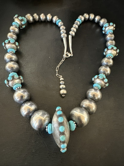 Navajo Pearls Blue Kingman Turquoise Sterling Silver Necklace 23” 19449