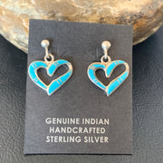 Navajo Blue Turquoise Heart Dangle Post Earrings 0.5" | Sterling Silver | Authentic Native American Handmade | 12716