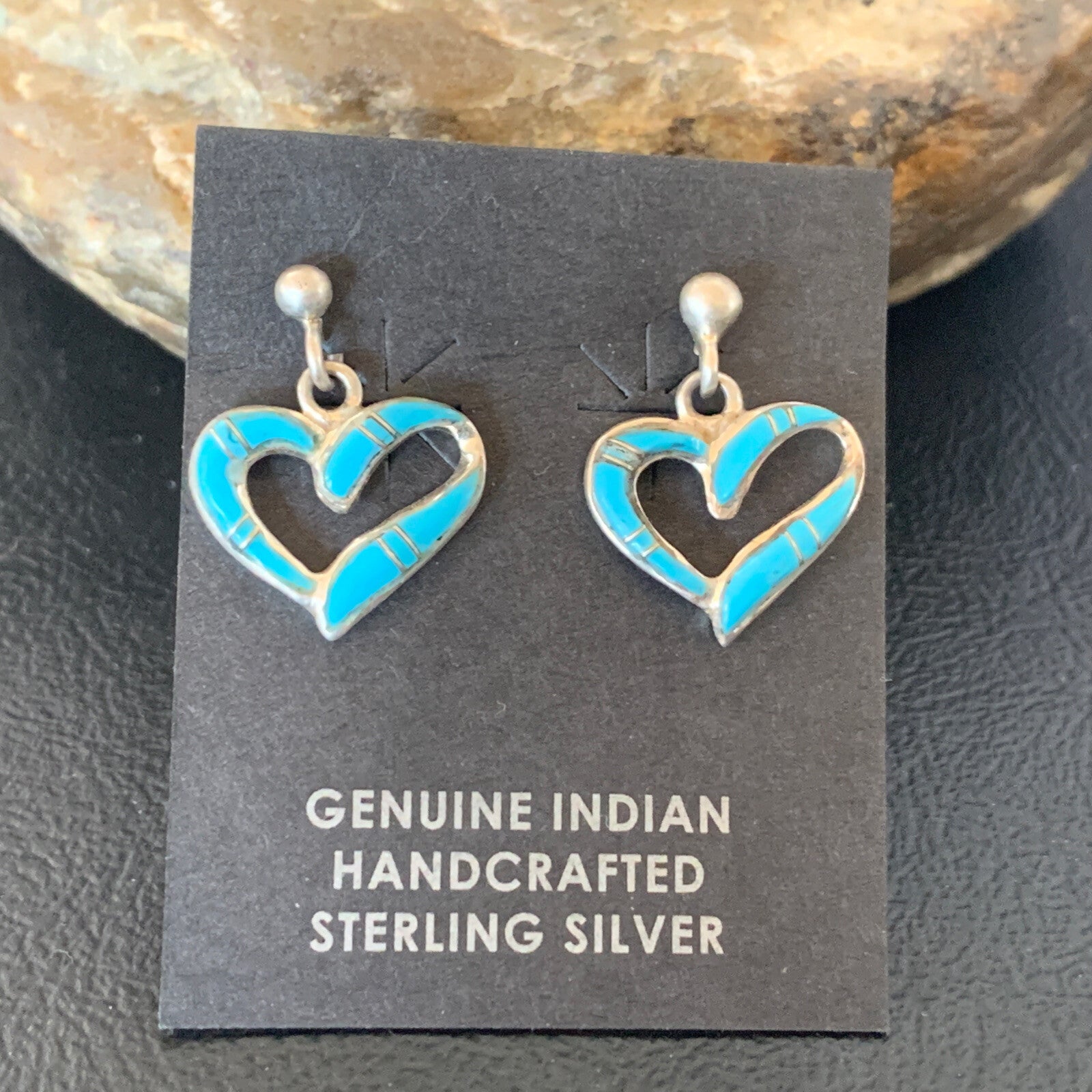 Navajo Blue Turquoise Heart Sterling Silver Dangle Post Earrings 0.5" 12716
