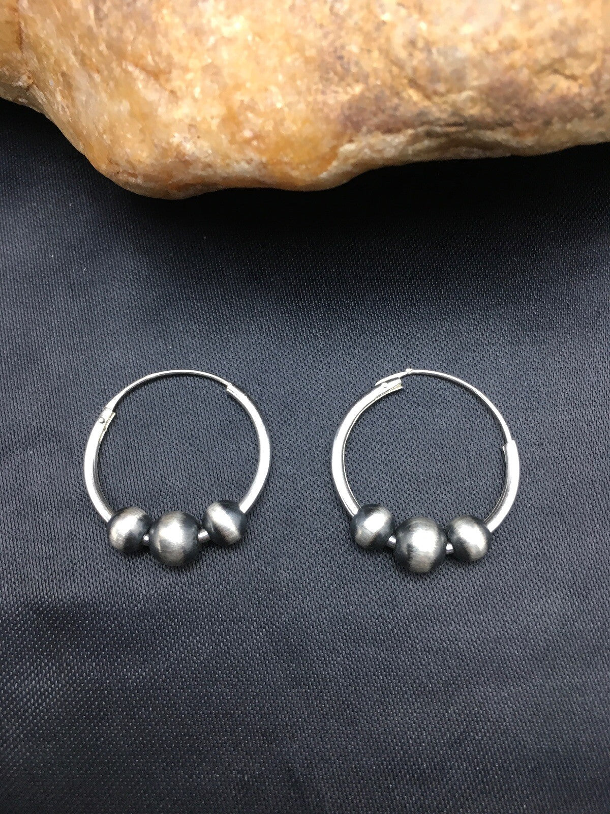 Native American Indian Hoop Sterling Silver Beads Earrings 3108