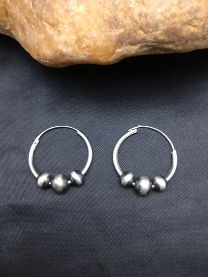 Native American Indian Hoop Sterling Silver Beads Earrings 3108