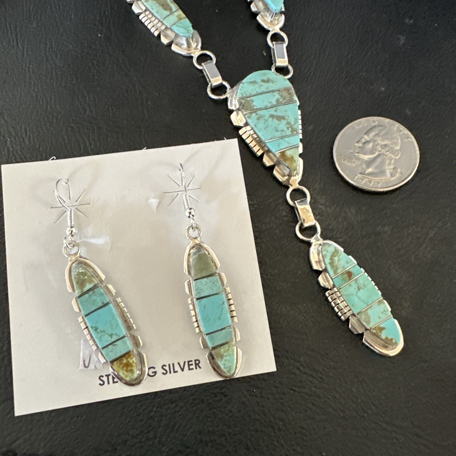 Inlay Blue Turquoise#8 Navajo Sterling Silver Lariat Necklace Earrings 24” 17770