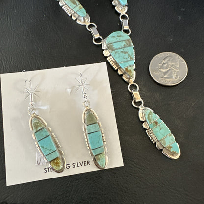 Inlay Blue Turquoise#8 Navajo Sterling Silver Lariat Necklace Earrings 24” 17770