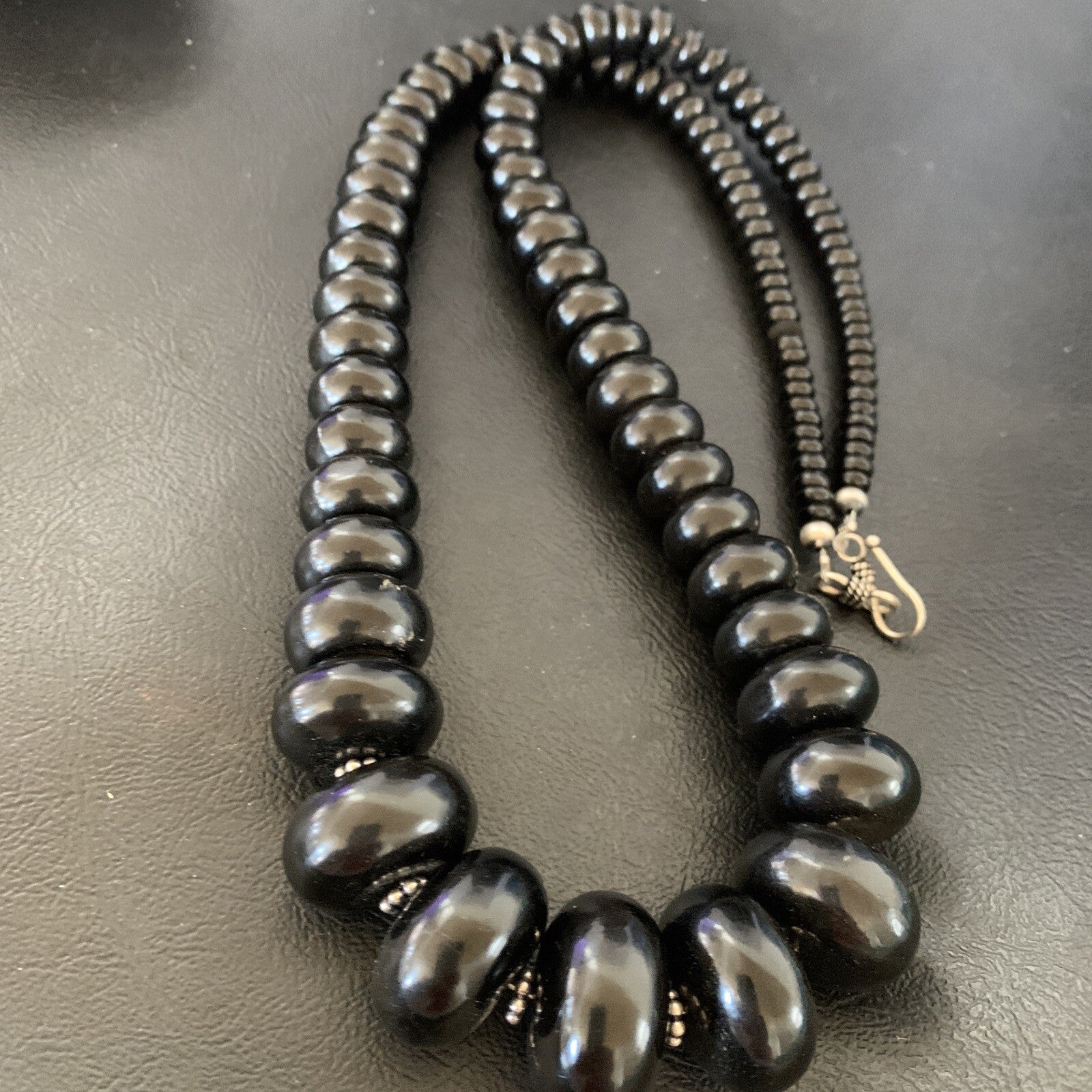 Black Jet Onyx Graduated Bead Navajo Pearls Sterling Silver Necklace 24" 12529