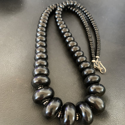 Black Jet Onyx Graduated Bead Navajo Pearls Sterling Silver Necklace 24" 12529